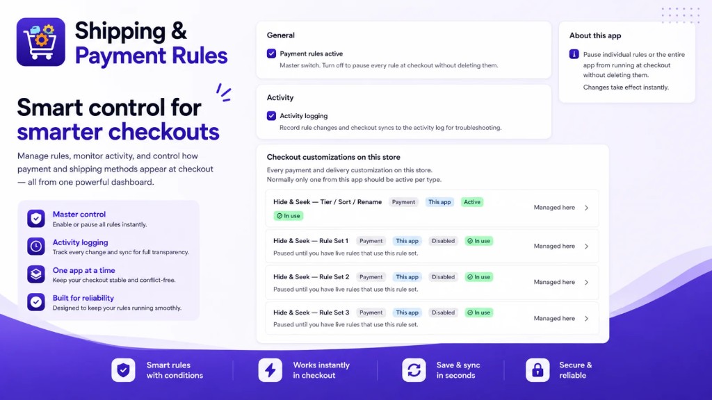 App settings — master control, activity logging, and checkout customizations
